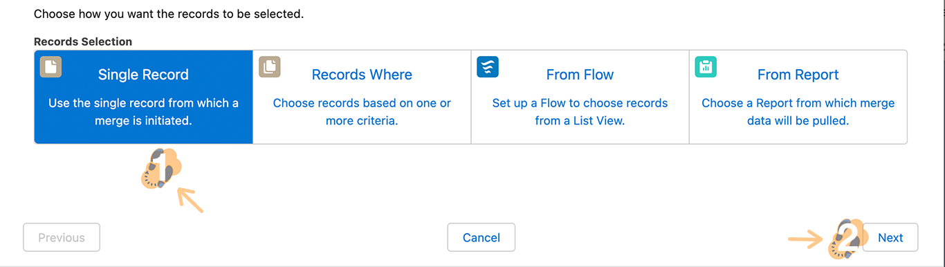 Four buttons for Record Selection. Single Record button is selected.
